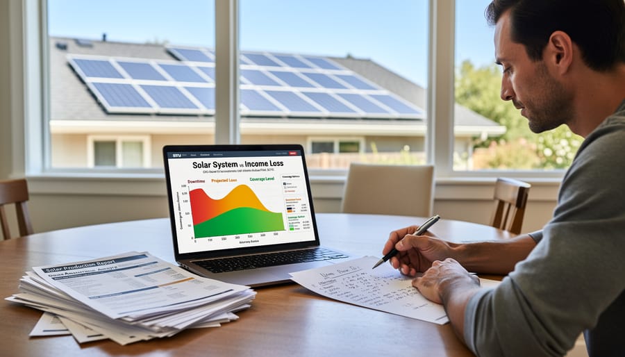 Homeowner calculating solar energy savings and costs with calculator and utility bills