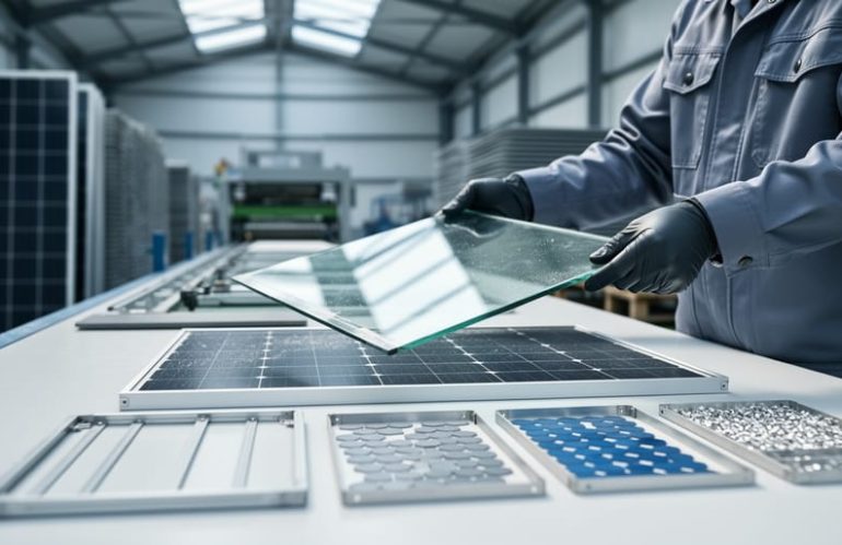 Technician lifting the glass layer from a disassembled solar panel on a workbench, with trays of separated aluminum frames, silicon wafers, and silver contacts, and a blurred recycling line with stacked panels in the background