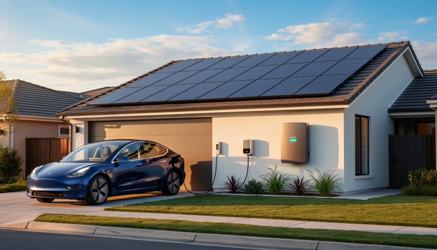 Residential home with rooftop solar panels and wall-mounted battery storage system