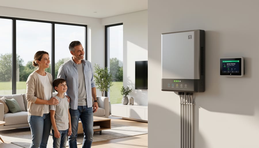 Happy homeowners standing next to their safely installed home battery storage system