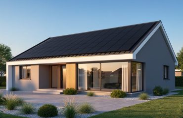 Contemporary house with flush-mounted black solar panels in a precise grid on a shed roof, white façade with warm wood accents, golden hour light, minimalist landscaping, and blue sky.