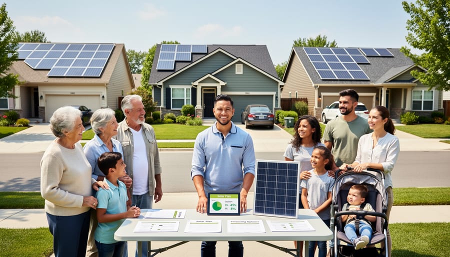 Multi-generational family standing proudly in front of their solar-powered home