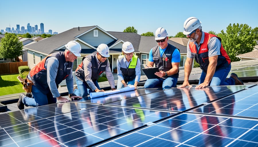 Diverse team of male and female solar technicians installing panels on residential roof
