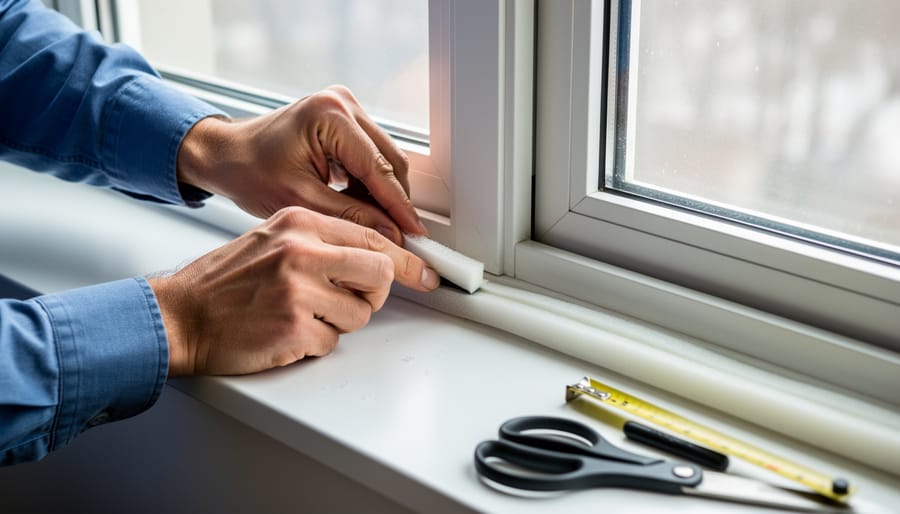 Weatherstripping installation at bottom of door to prevent air leaks