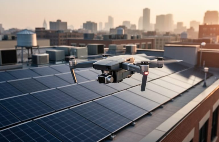 Quadcopter drone with dual-sensor camera hovering above rooftop solar panels on a city building at golden hour, with skyline and rooftop equipment softly blurred in the background.