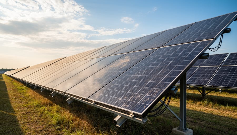 Blue solar panels installed on residential rooftop against clear blue sky