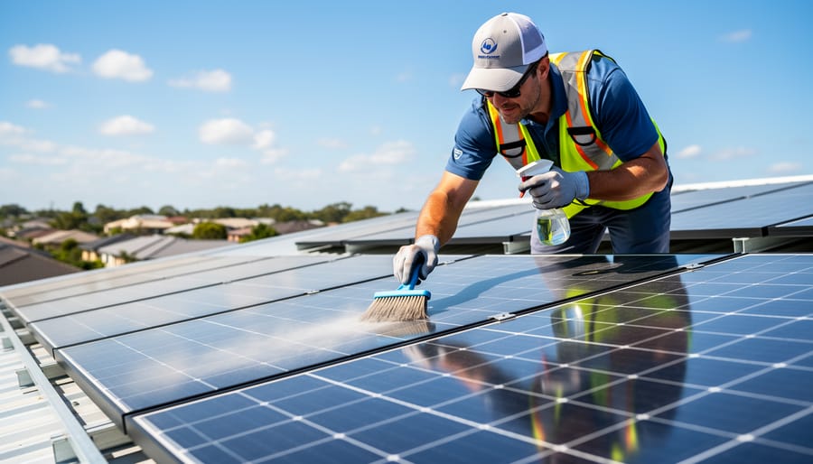 Homeowner performing simple solar panel cleaning maintenance on residential roof
