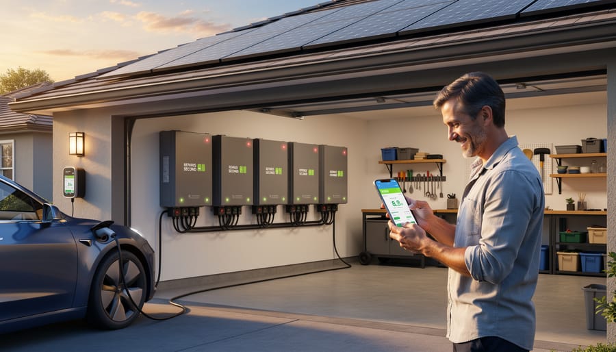 EV battery module being installed into home energy storage system by technician