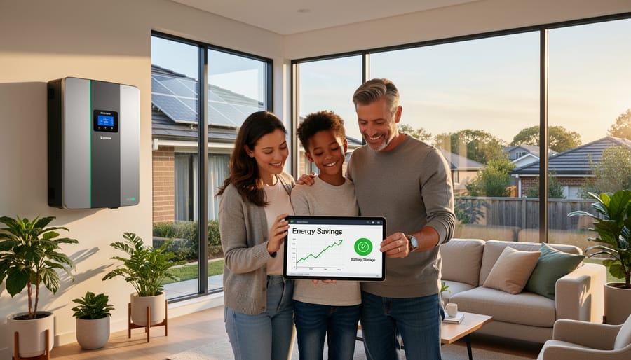 Family reviewing home energy savings on tablet in modern kitchen
