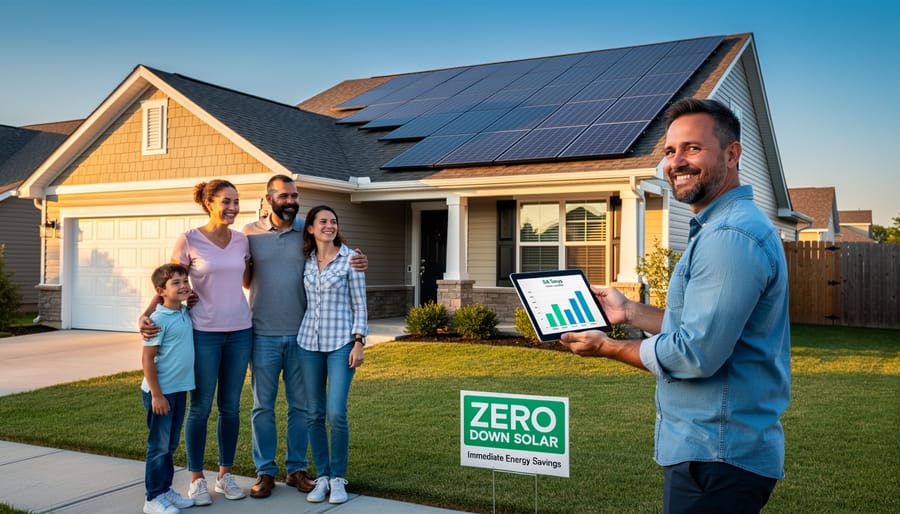 Happy family standing in front of their home with solar panels on the roof