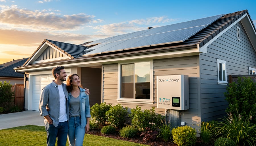 Family standing proudly in front of home with solar panels and battery storage system