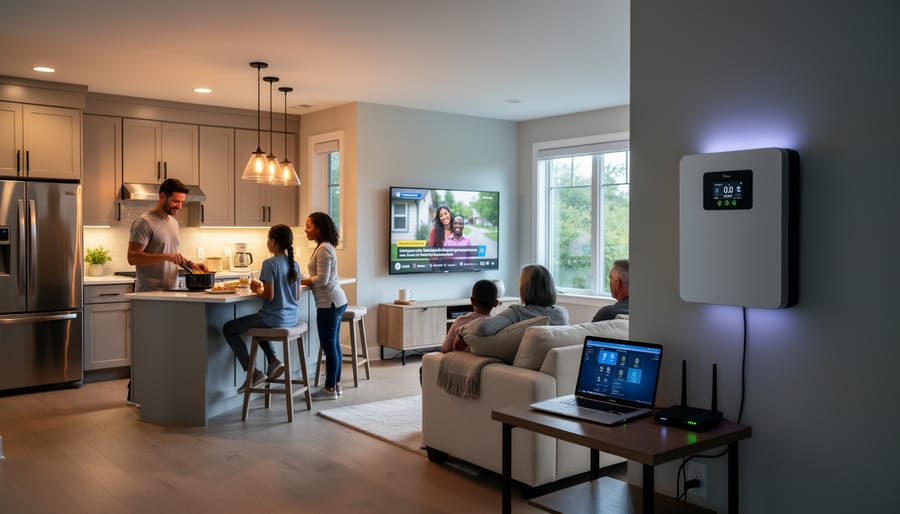 Family using kitchen appliances and electronics during evening with battery backup power