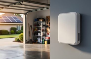 White wall-mounted home battery in a tidy garage with warm sunlight and rooftop solar panels visible through the open door, suburban driveway and landscaped yard softly blurred in the background.