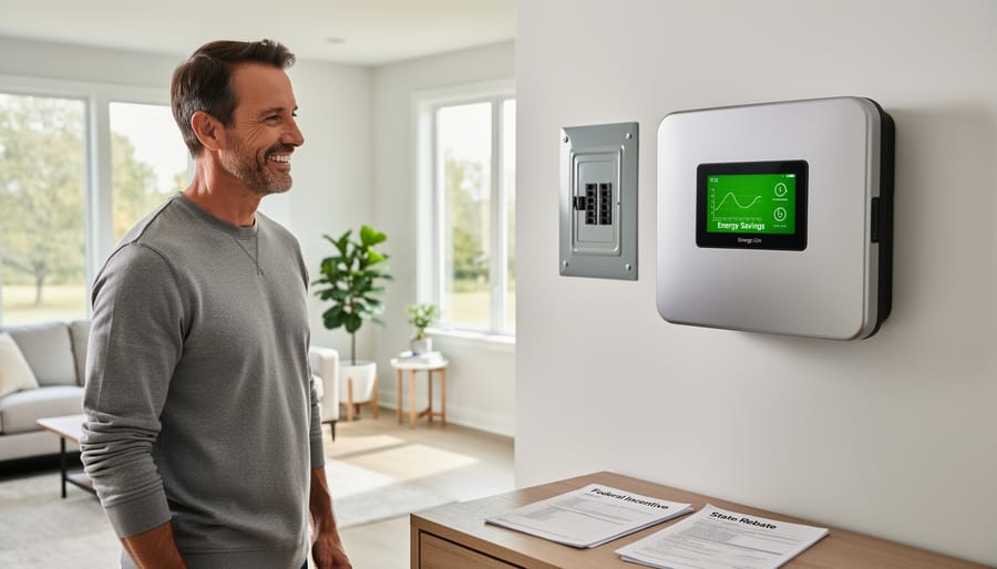 White home battery storage unit mounted on residential garage wall