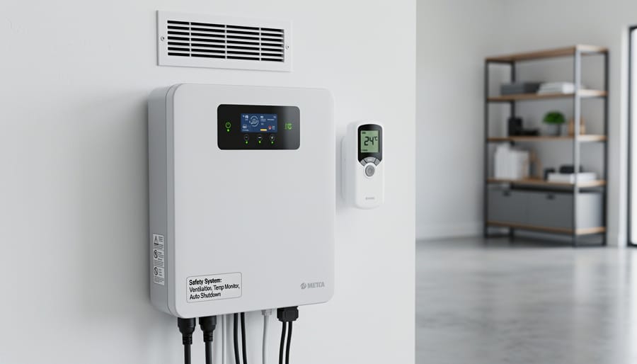 White residential battery storage unit mounted on garage wall showing safety features