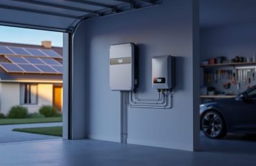 Wall-mounted residential solar battery in a tidy garage, connected to solar equipment, with rooftop panels visible through a partially open door at sunset.