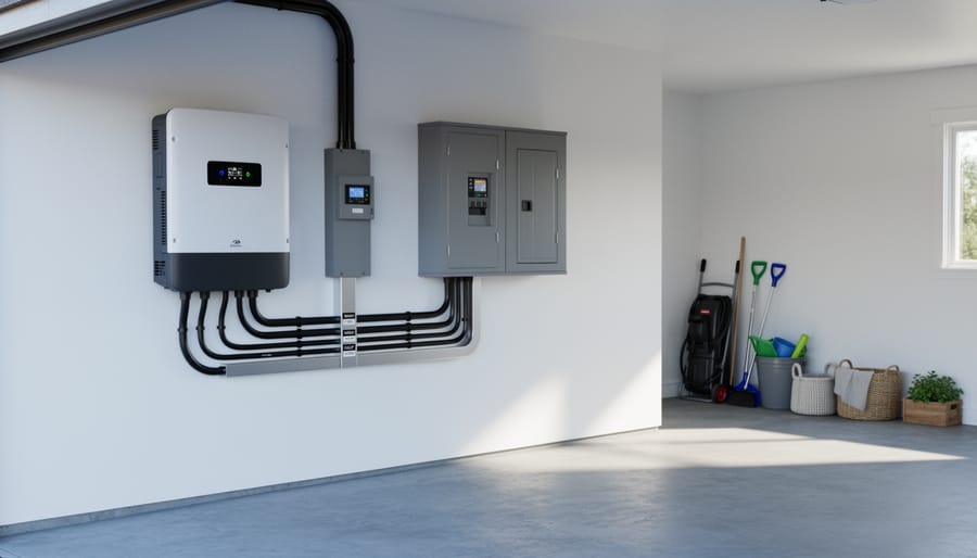 White residential solar battery storage unit mounted on garage wall