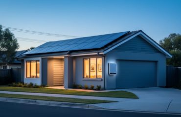 Modern house at dusk with rooftop solar panels, warm interior lights, and a wall-mounted home battery by the garage, with faint utility lines and trees in the background.