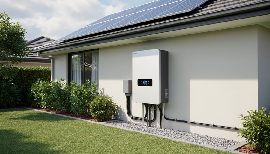 Modern home with rooftop solar panels and wall-mounted battery storage system