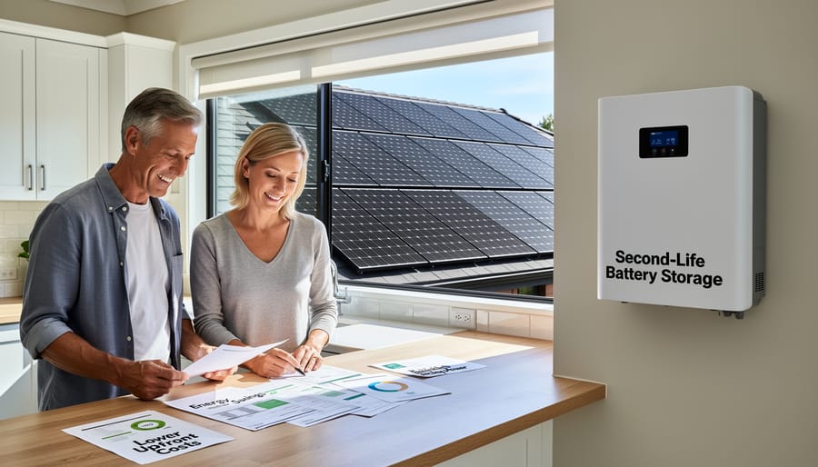 Modern home with rooftop solar panels and wall-mounted battery storage system