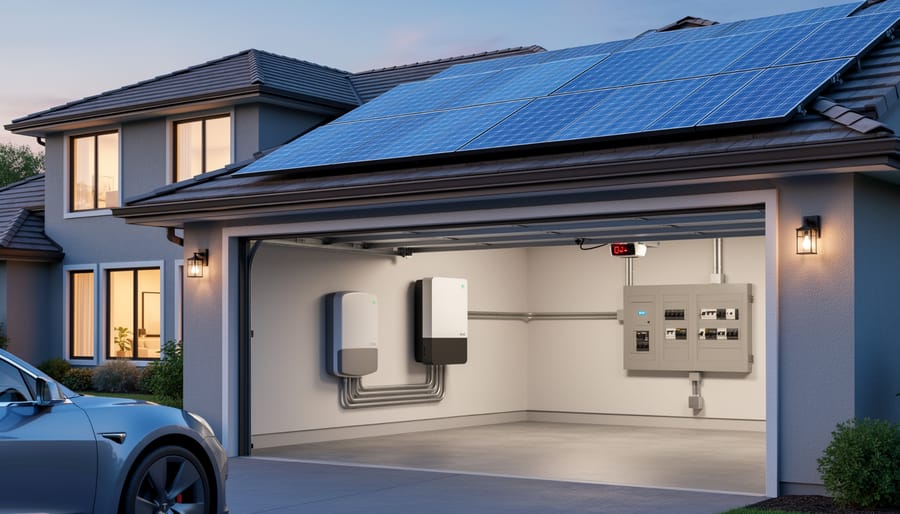 Home solar battery storage unit mounted on residential garage wall