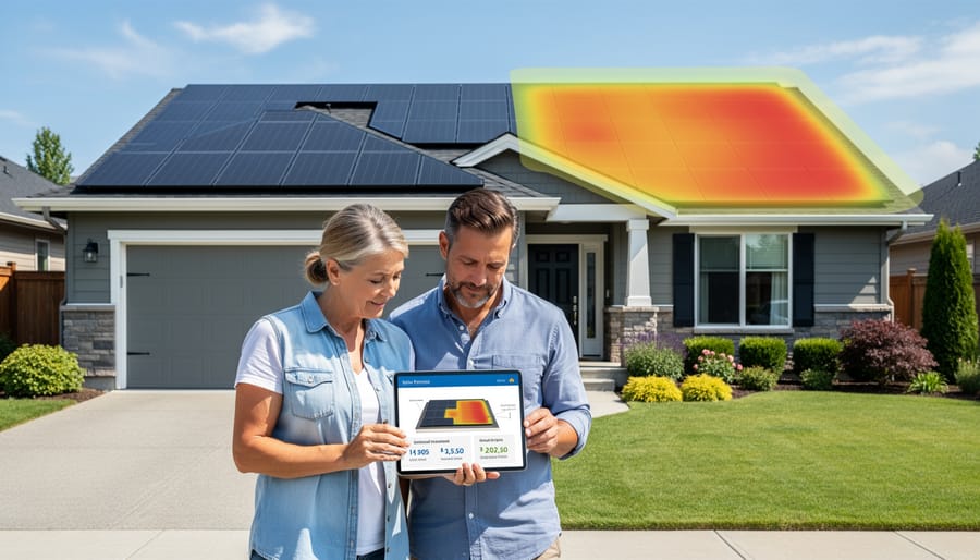 Homeowner viewing residential solar panel installation on roof