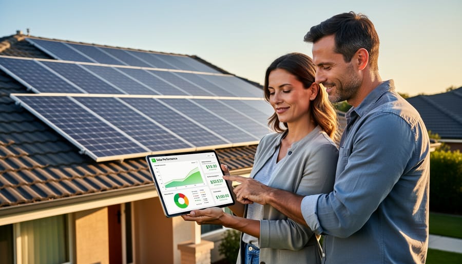 Homeowners examining solar panels installed on their residential roof