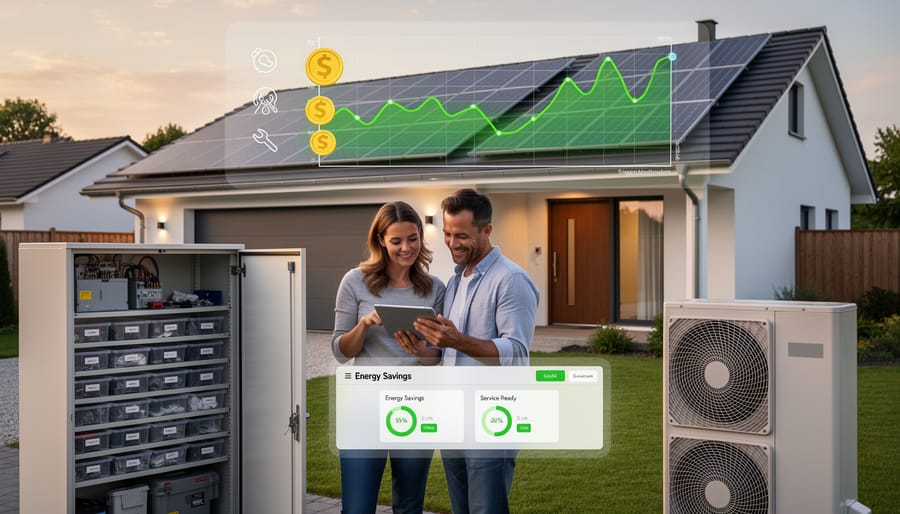 Homeowner reviewing solar energy production data with solar panels visible in background