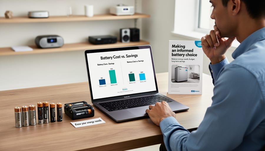 Homeowners reviewing solar battery options and energy costs at kitchen table