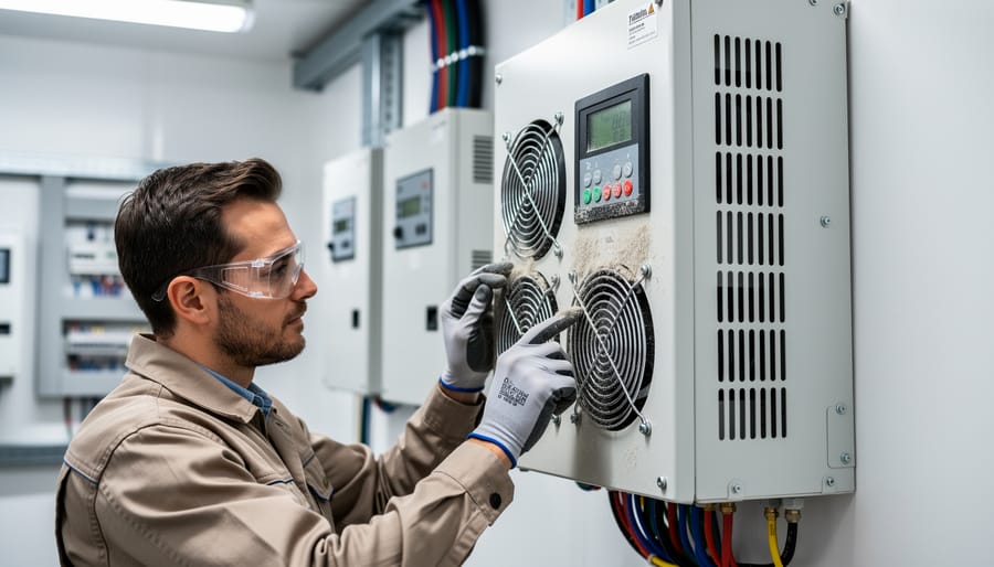 Technician inspecting solar inverter ventilation vents for dust buildup during maintenance check