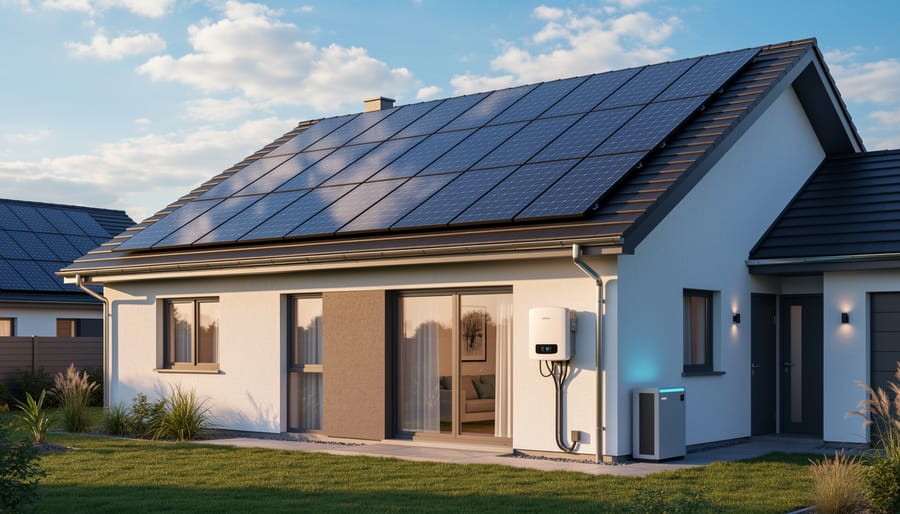 Contemporary home with blue solar panels installed on roof under clear sky