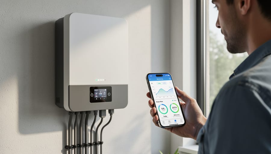 Homeowner checking modern solar inverter monitoring display on wall