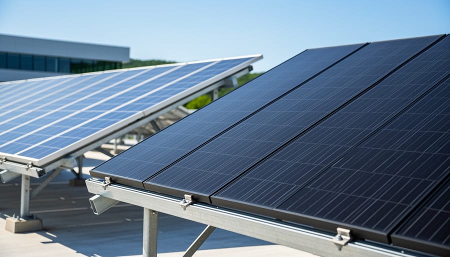 Solar installer placing new high-efficiency panel next to older solar panels on roof
