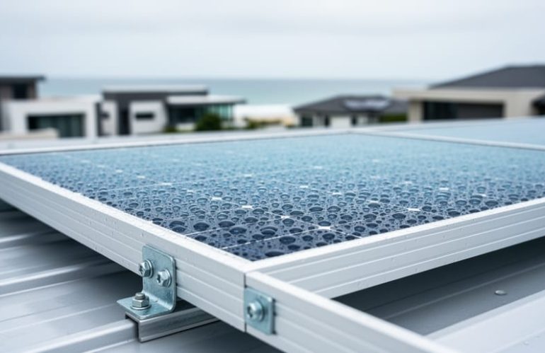 Close-up low-angle view of a monocrystalline rooftop solar panel with raindrops on tempered glass and aluminum frame, with a blurred coastal neighborhood and ocean horizon in the background.
