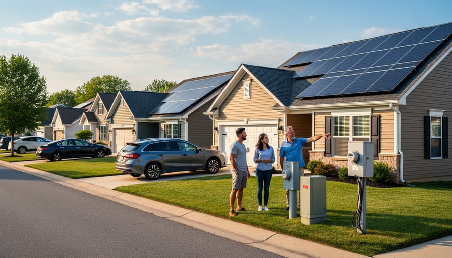 Aerial view of suburban neighborhood with multiple homes featuring solar panel installations