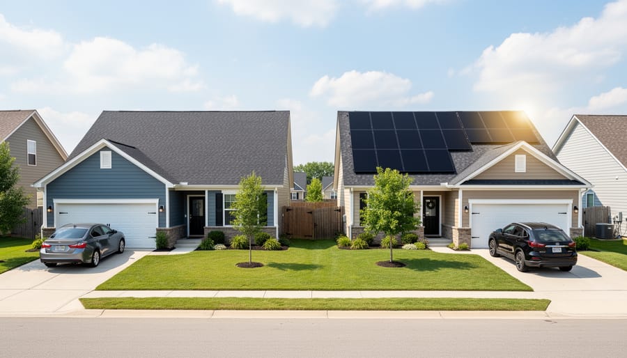 Aerial view of suburban neighborhood showing homes with and without solar panel installations