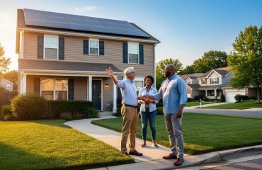Three neighbors in a suburban front yard shake hands while discussing a home’s rooftop solar panels at golden hour, with neighboring houses and trees in the background.