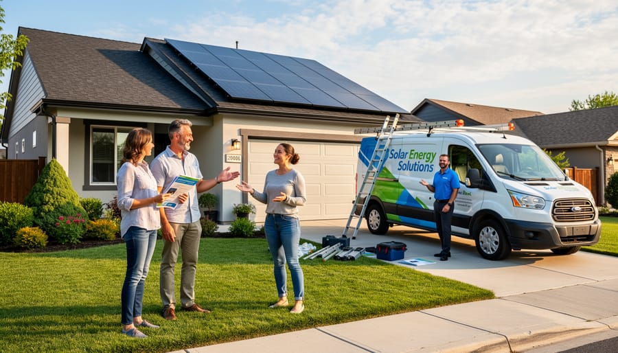 Two neighbors having a friendly conversation with solar panels visible on house roof in background