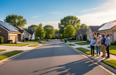 Neighbors talking in a front yard while several nearby houses display rooftop solar panels under warm evening light on a quiet suburban street, with additional homes and trees in the background.