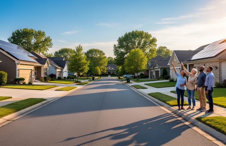 Neighbors talking in a front yard while several nearby houses display rooftop solar panels under warm evening light on a quiet suburban street, with additional homes and trees in the background.