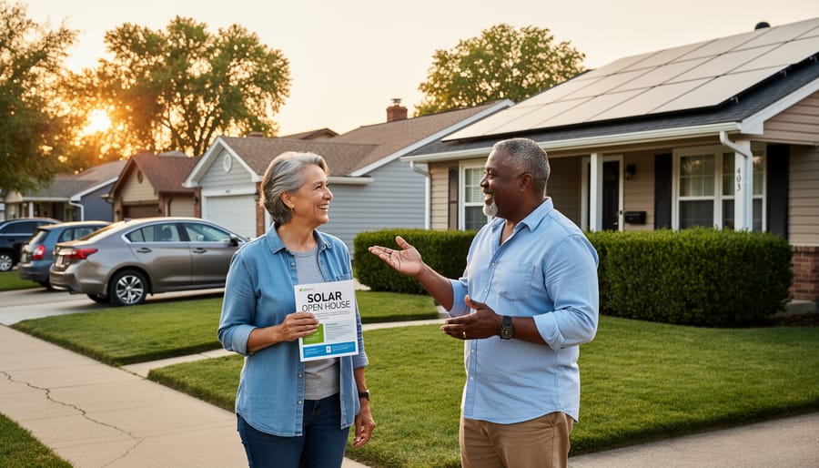 Two neighbors having friendly conversation on lawn with solar panels visible on nearby home