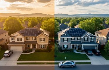 Aerial view of two neighboring houses with rooftop solar panels, one brightly sunlit and the other partially shaded by clouds and trees, on a quiet suburban street with distant hills.