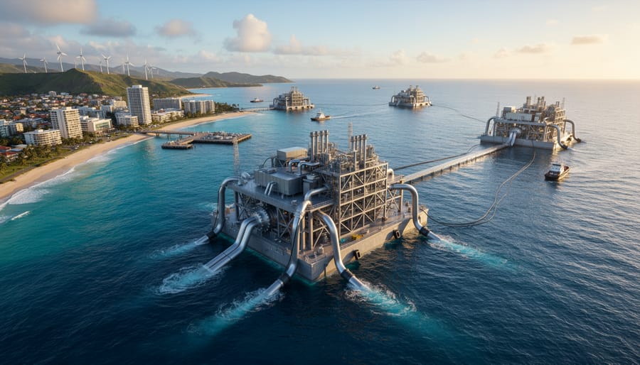 Ocean thermal energy converter facility on tropical waters at sunset