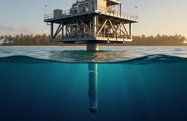 Split-level photo of an offshore OTEC platform in clear tropical water, showing a large intake pipe descending into dark blue depths with warm side lighting and a faint palm-lined coastline in the distance.