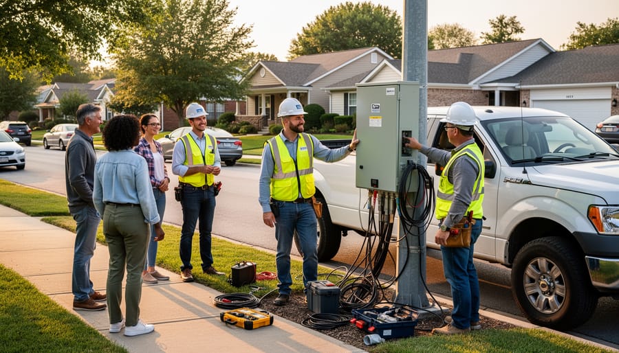 Group of homeowners watching professional solar panel installation on residential roof