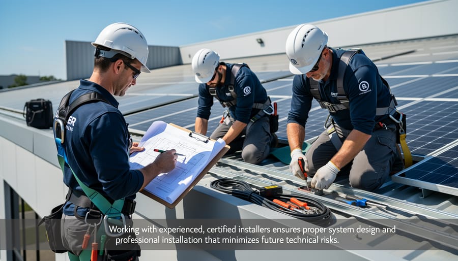 Professional solar installer inspecting roof and mounting system during installation