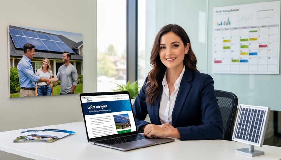 Homeowners shaking hands with solar installer in front of house with solar panels