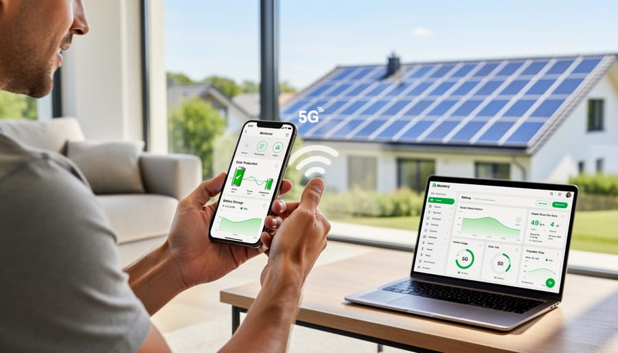 Smartphone displaying solar energy monitoring app with home battery system in background