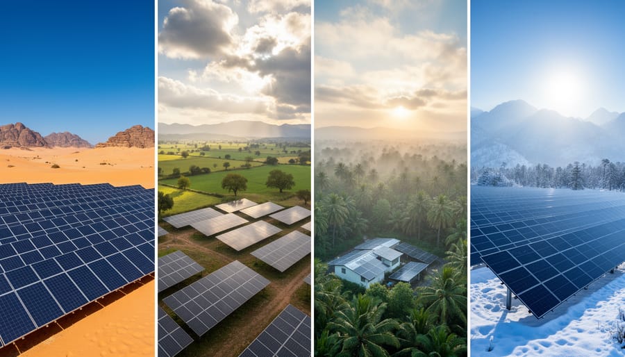 Dramatic sunlight breaking through clouds over desert solar installation