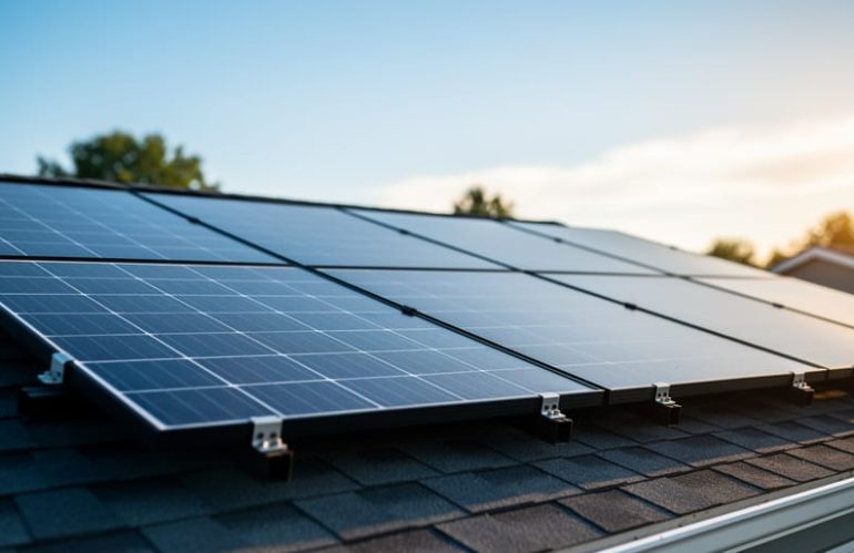 Low-angle close-up of modern rooftop solar panels at golden hour, with sturdy mounting hardware in sharp focus and soft treetops and sky in the background, conveying dependable long-term performance.
